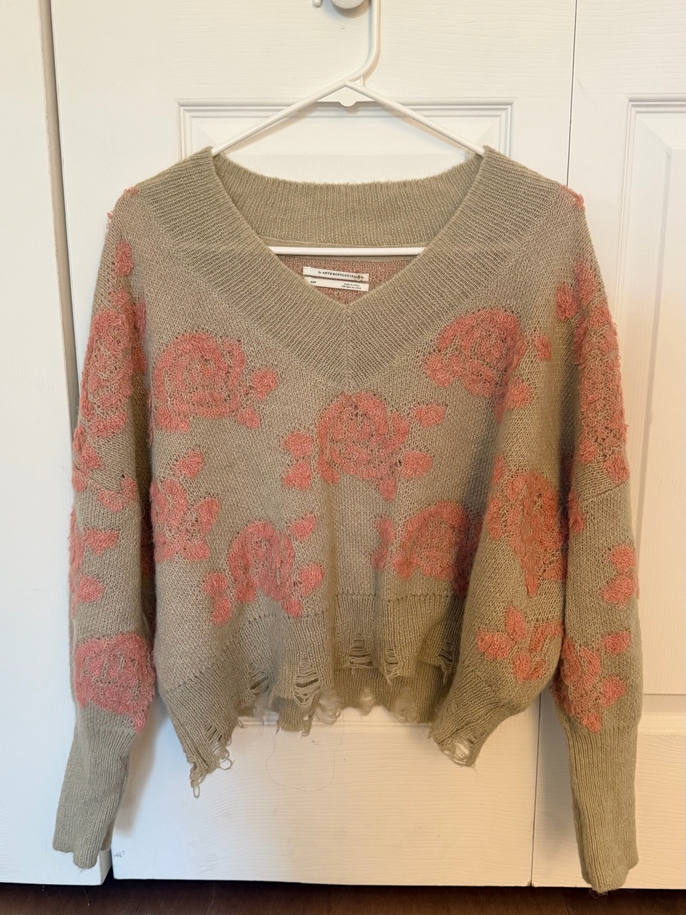 Anthropologie Taupe V-Neck Sweater with Pink Floral Jacquard
